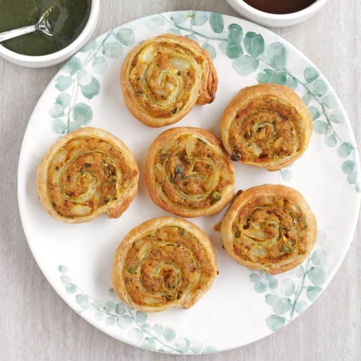 samosa pinwheels in a white plate