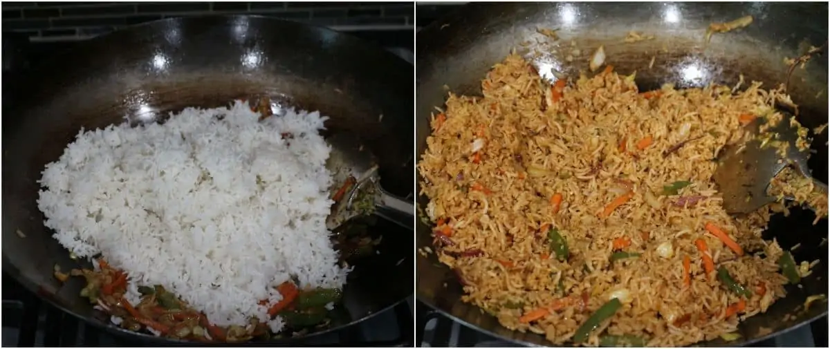 Mixing rice in a wok