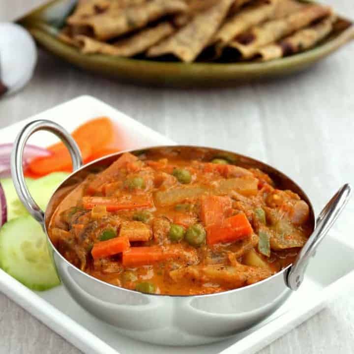 Kadai Vegetable gravy in a stainless steel bowl - Featured Image