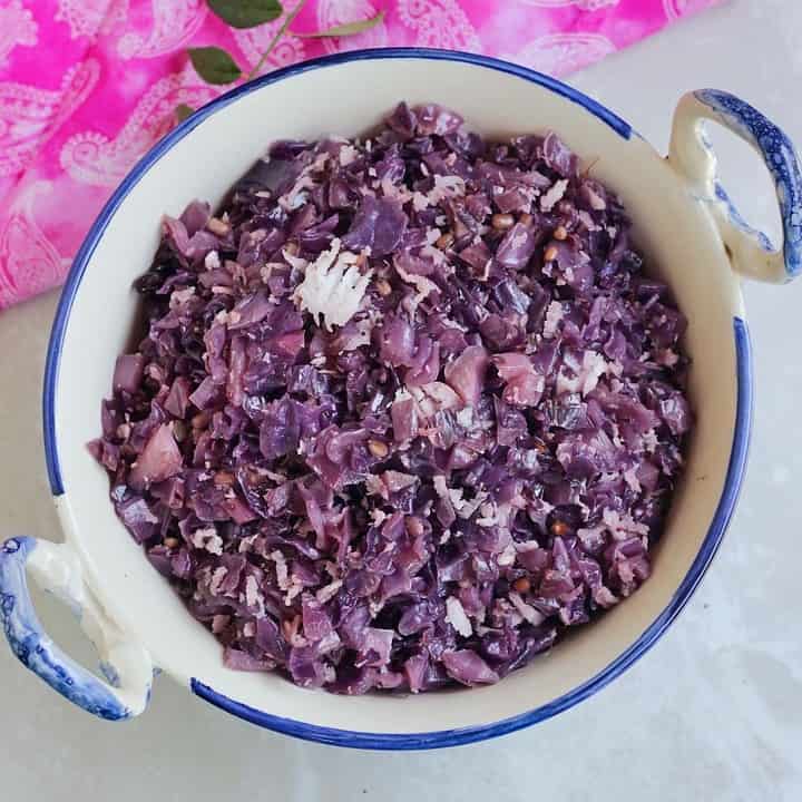 top view of purple cabbage curry in a bowl.