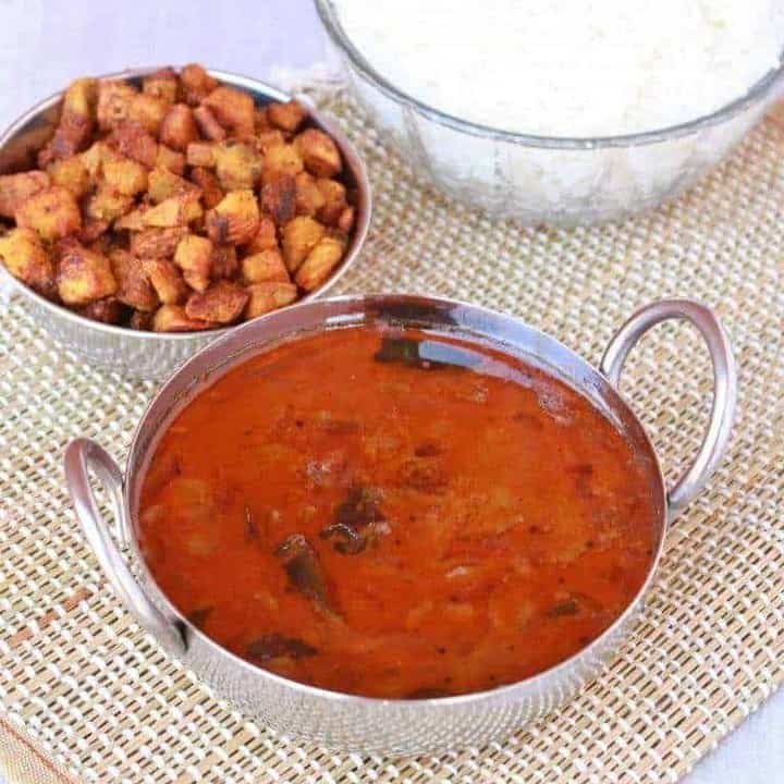Vengaya Vathal Kuzhambu with curry and rice - Featured Image