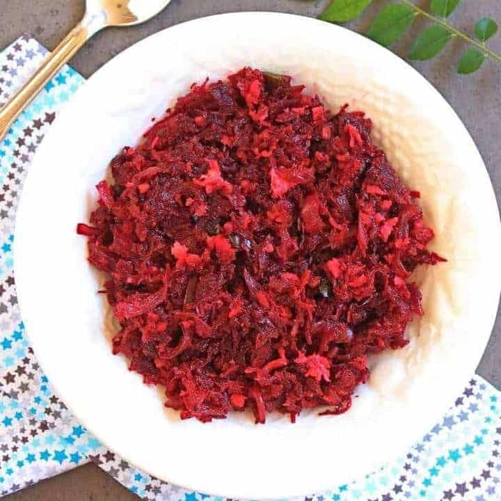Beetroot Poriyal with Onion in a white bowl - Featured Image
