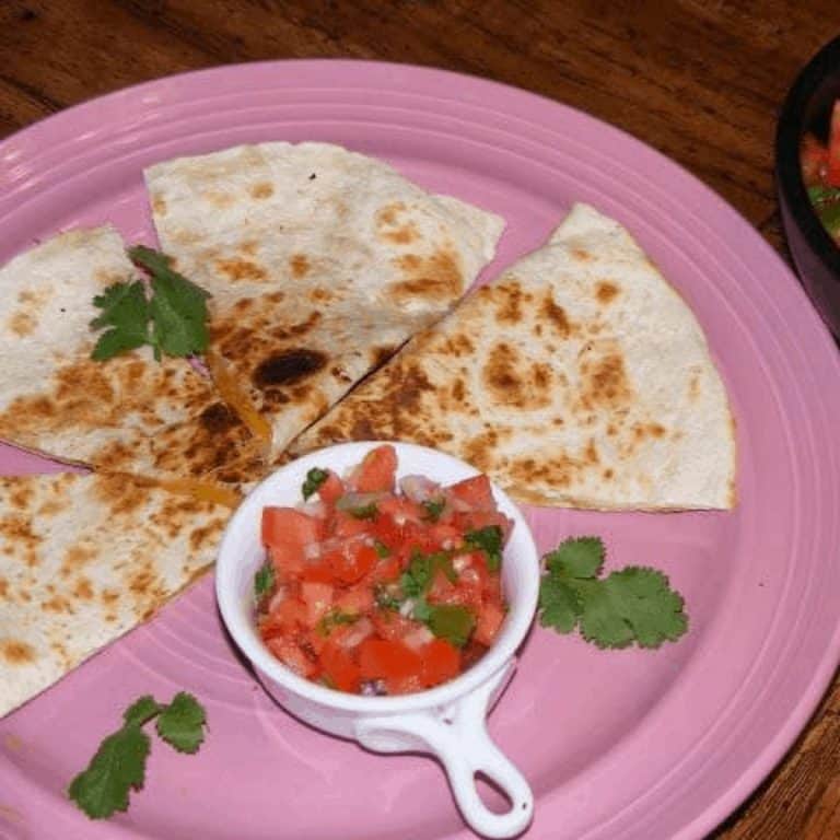 Simple Cheese Quesadilla in a pink plate with some salsa - Feature Image